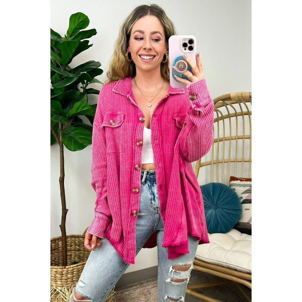 Zenana Meet U There Cotton Waffle Acid Wash Oversized Shacket Hot Pink CJW-3300 - Picture 3 of 5